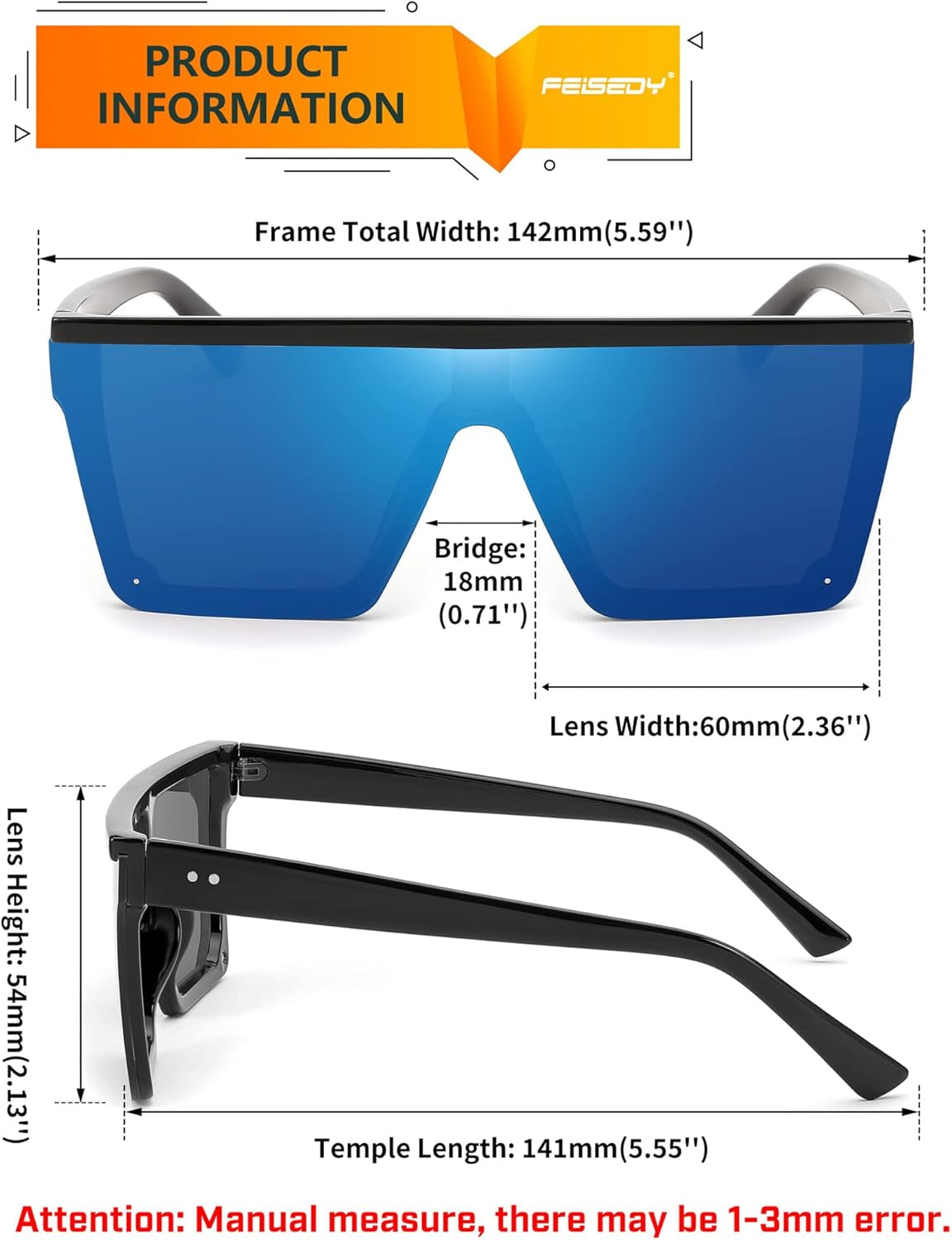 Oversized Sunglasses Mens Womens Flat Top Square Trendy Visor Shades UV400 B2470