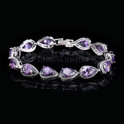Gloriya Fashion Brand Dazzling Wedding Jewelry for Luxury Pear Cut CZ Zirconia Setting White Gold Plated Woman Party Bracelets Bangles（Size :18 Cm + 3 Cm）