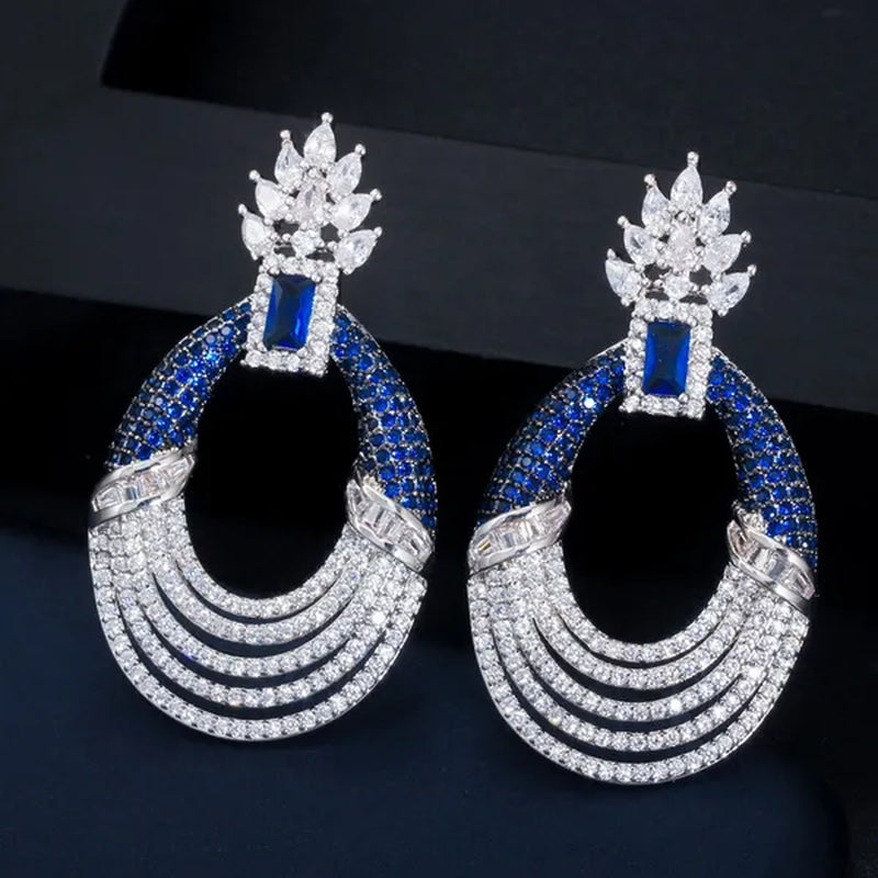 CANDICE Luxury Jewelry Setting Blue Cubic Zircon Silver Plated Statement Trendy Hollow Carved Earrings for Women Brincos