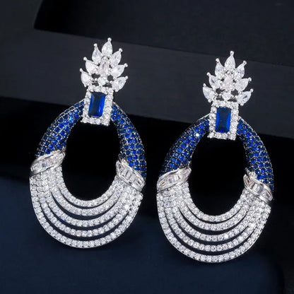 CANDICE Luxury Jewelry Setting Blue Cubic Zircon Silver Plated Statement Trendy Hollow Carved Earrings for Women Brincos