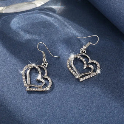 Classic Diamond Crystal Heart Pendant Necklace and Earrings Set Wedding Party Jewelry Set for Women