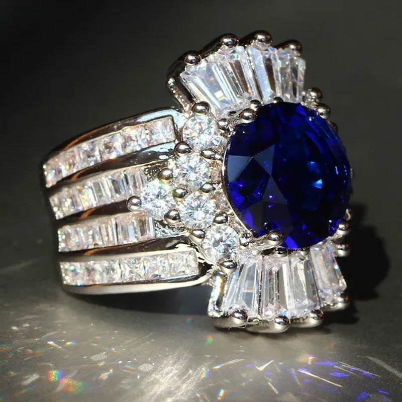 So Beautiful  Silver Natural Gemstones Sapphire And White Sapphire Wedding Birthstone Bride Engagement Anniversary Brand Big Ring Jewelry Size 6 7 8 9 10 - WORLD TIME VISITS