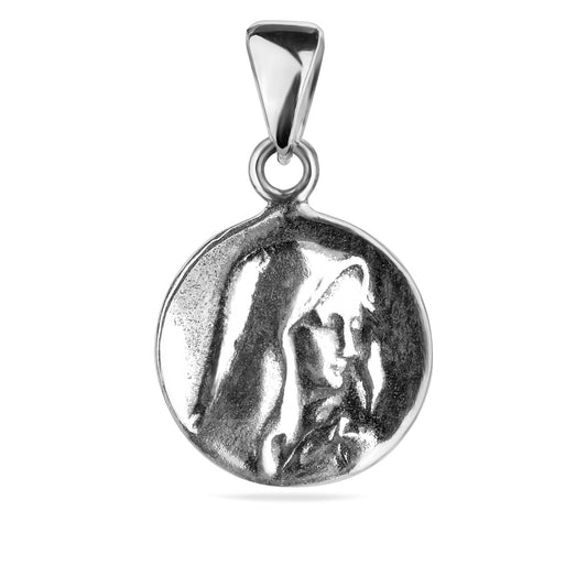 Small Mother of God Pendant Sterling Silver 925 Saint Mary Religious Necklace round Charm Jewelry