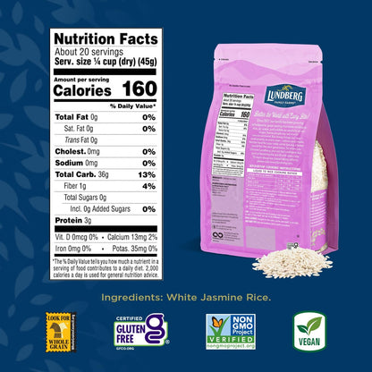 Jasmine Rice, Long Grain White Rice - Non-Sticky, Fluffyaromatic Rice, Sustainably Grown in California, Pantry Staples, Chip Clip Included, 32 Oz