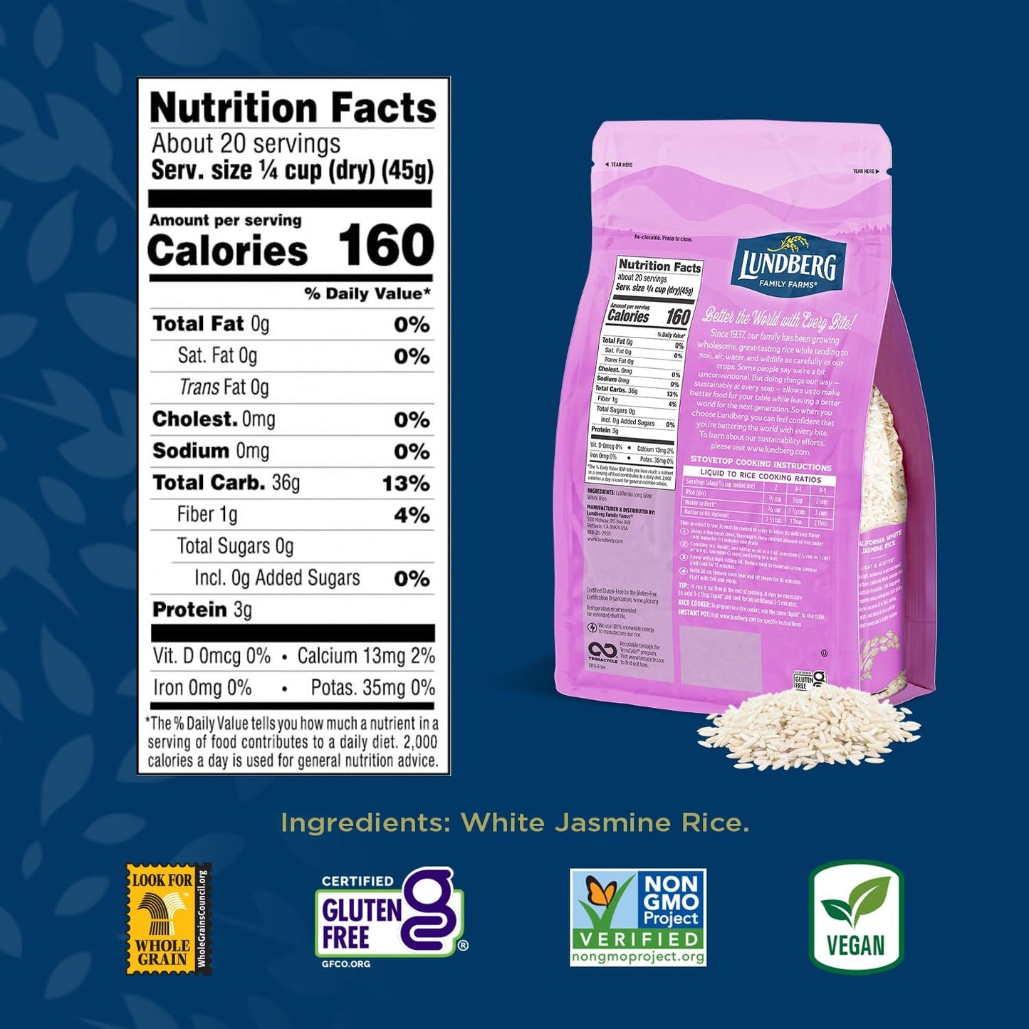 Jasmine Rice, Long Grain White Rice - Non-Sticky, Fluffy Aromatic Rice, Sustainably Grown in California, Pantry Staples, 32 Oz
