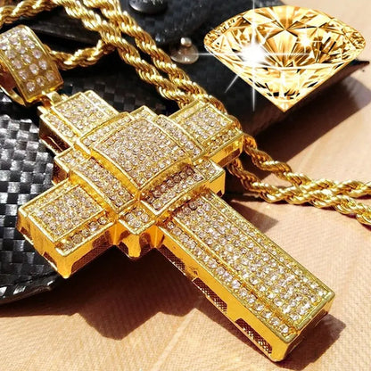 Fashion Necklace Men Women Cross Pendant Necklace Gold/Silver Stainless Steel Diamond Necklace Pendant - WORLD TIME VISITS