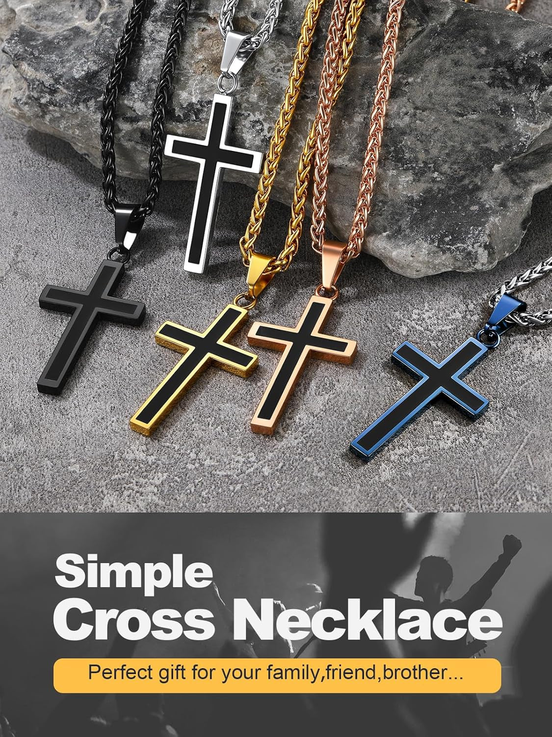 Cross Necklace for Men, Stainless Steel Silver Black Gold Mens Cross Necklace, 22-24 Inches