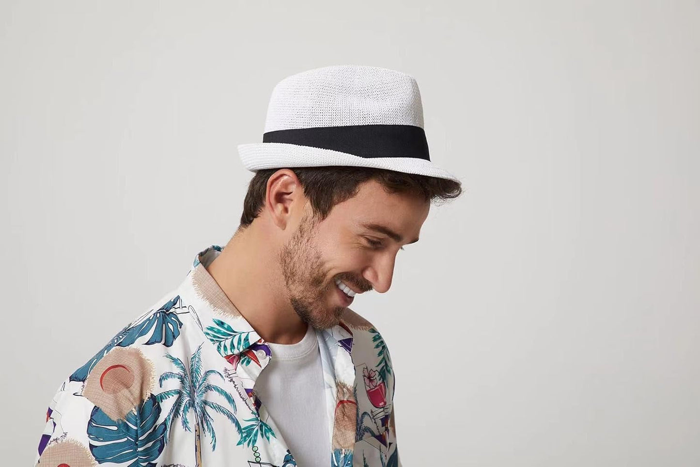 Summer Panama Straw Fedora Hats for Men Women Trilby Hat Foldable Roll up Short Brim Panama Beach Hat