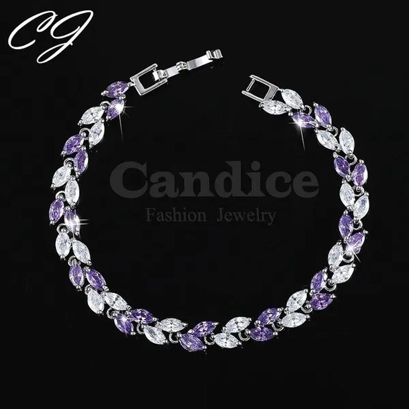 CANDICE 100% Real Silver Female Jewelry Simple Leaf Shape Multicolor Cubic Zirconia Strand Bracelet For Lady