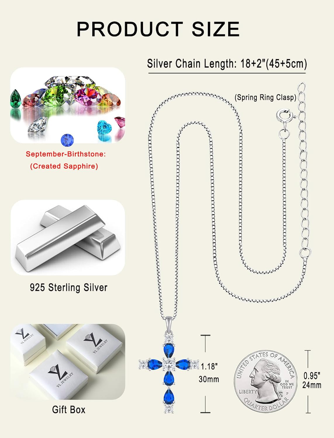 Cross Necklace for Women 925 Sterling Silver Halo Gemstone Pendant Birthstone Religious Jewelry for Mom