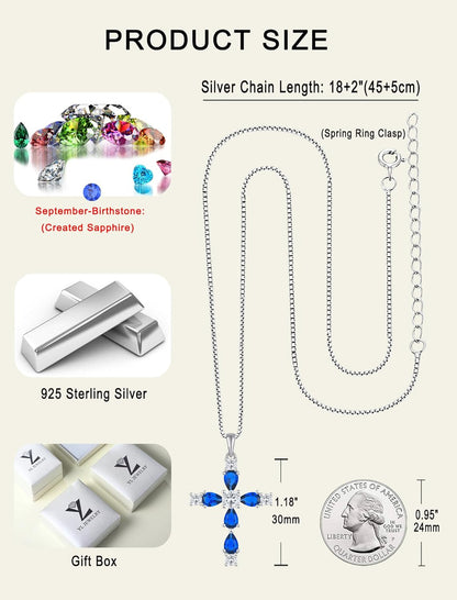 Cross Necklace for Women 925 Sterling Silver Halo Gemstone Pendant Birthstone Religious Jewelry for Mom