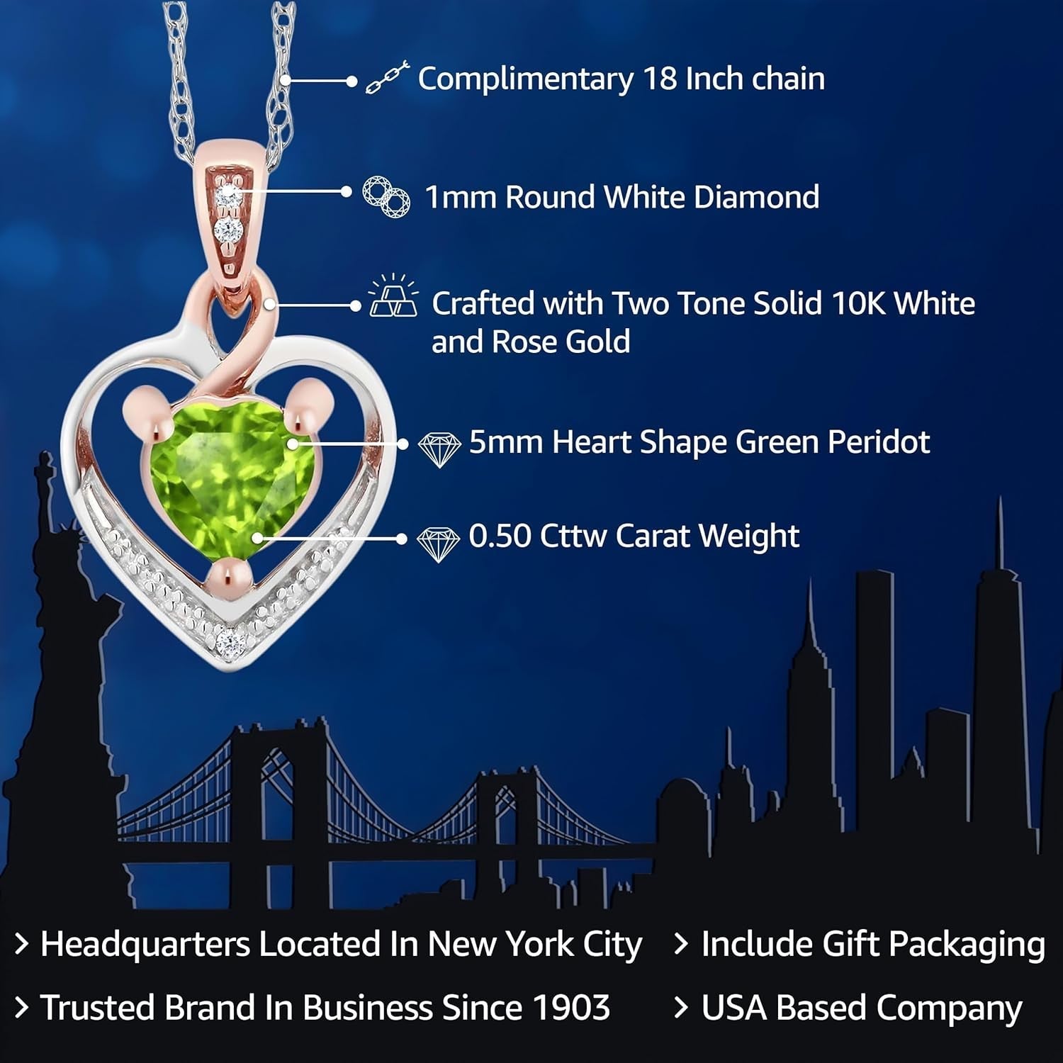 10K White and Rose Gold 5MM Peridot and Diamond Heart Shape Pendant Necklace for Women (0.50 Cttw, Gemstone Birthstone, with 18 Inch Chain) - WORLD TIME VISITS