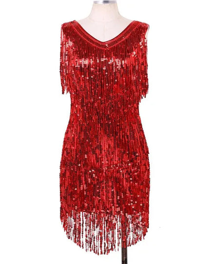 Women's Gowns V Neck Sparkling Sequin Tassels Rhythm Ballroom Salsa Samba Rumba Tango Latin Dance Dress