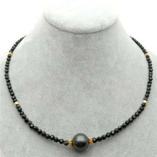 18" Natural 4Mm Faceted Black Spinel Tahitian Pearl Necklace - WORLD TIME VISITS