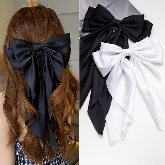 Hair Bows 2 PCS Ribbon Bow for Women and Girls, Oversized Long-Tail Cute Aesthetic, Large Hair Barrettes (Black White)