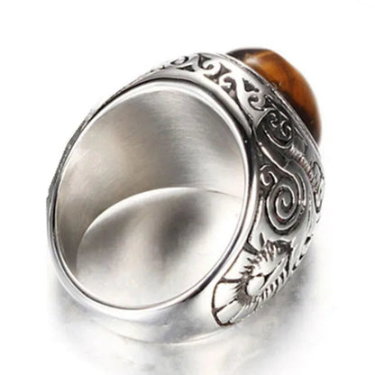 Vintage Men's Gemstone Ring Stainless Steel Single Turquoise Agate Tiger Eye Stone Rings Jewelry Gift for Men Women Boyfriend Girlfriend