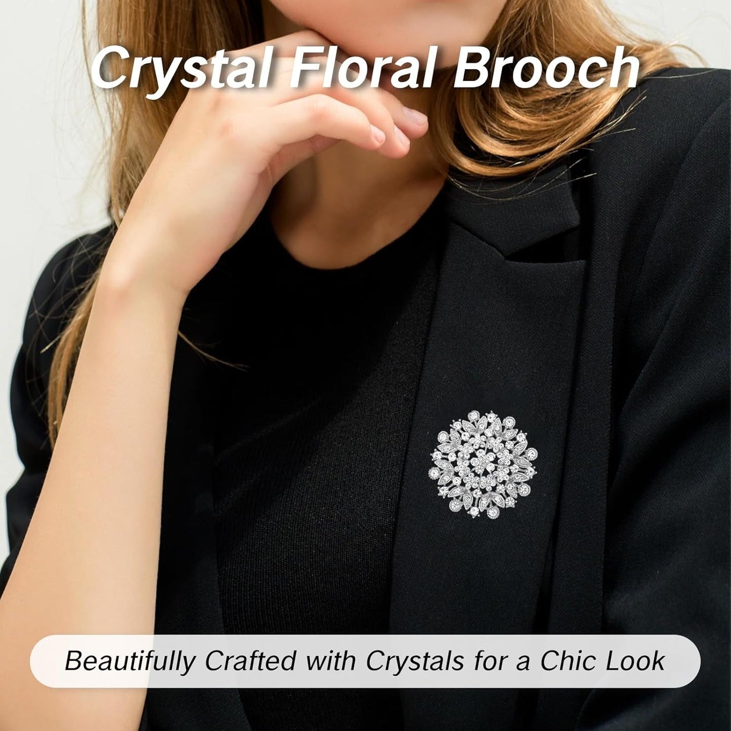 Silver Brooches for Women Diamond Crystal Flower Leaf Brooch Pin Large Elegant Bridal Corsage for Dress Wedding Accessories Sparkling Crystal Brooches Stylish Pins for Special Occasions