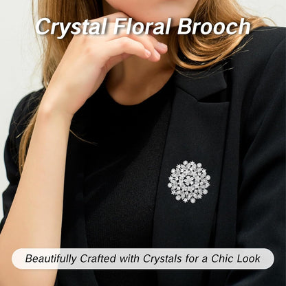 Silver Brooches for Women Diamond Crystal Flower Leaf Brooch Pin Large Elegant Bridal Corsage for Dress Wedding Accessories Sparkling Crystal Brooches Stylish Pins for Special Occasions