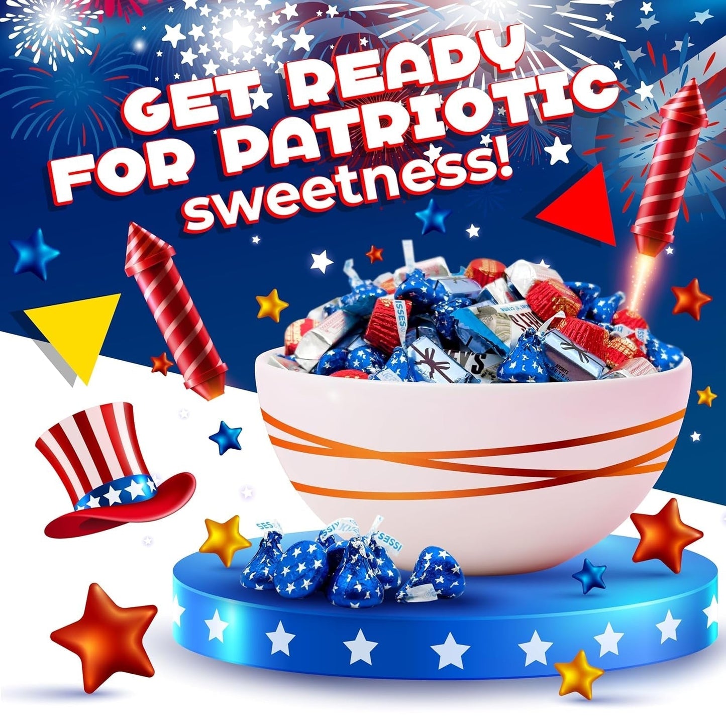 Patriotic Candy, Independence Day Chocolate Mix - HERSHEY’S KISSES and NUGGETS, HERSHEY’S COOKIES ‘N’ CREME Bar, Reesescups (3 Pound Bag - Approx. 160 Count)