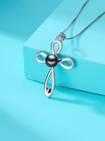 Tahitian Black Pearl AAAA 18K White Gold Plated Sterling Silver Religious Cross Pendant Necklace for Women Wife Mom Girlfriend Her Jewelry Gift for Anniversary Birthday