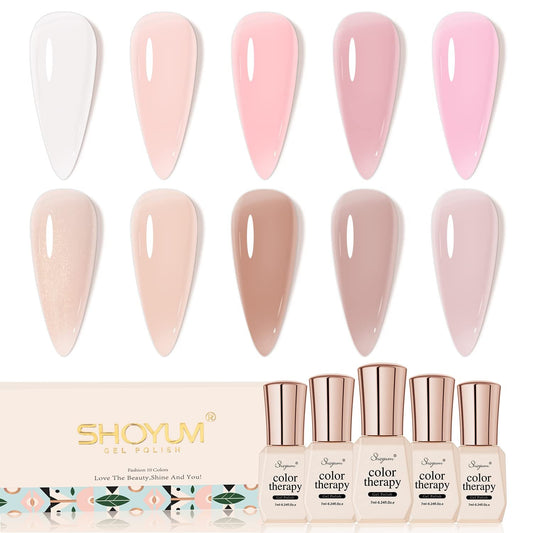 Jelly Nude Gel Nail Polish Set, 10Pcs Sheer Milky White Pink Transparent Gel Polish Kit UV LED Nail Gel Polish Colors Varnish Nail Art DIY Salon 7ML
