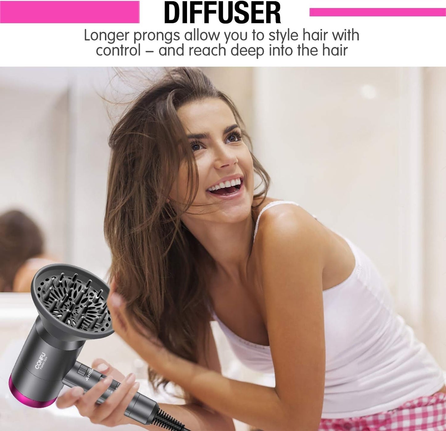 Ionic Blow Dryer 1600W, Portable Lightweight Fast Drying Negative Ion Hairdryer Blowdryer, 3 Heat Settings & Infinity Speed, with Diffuser and Concentrator Nozzle for Home & Travel