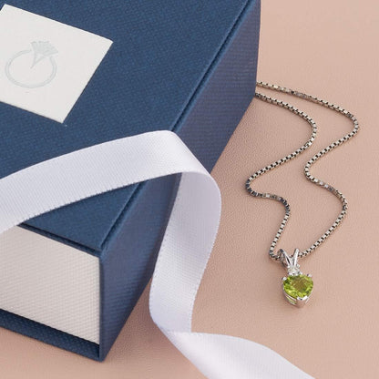 14K White Gold Peridot and Diamond Pendant for Women, Genuine Gemstone, Heart Shape Solitaire, 6Mm, 1 Carat Total, Real Gold Peridot Jewelry, August Birthstone Necklace, W/Jewelry Box