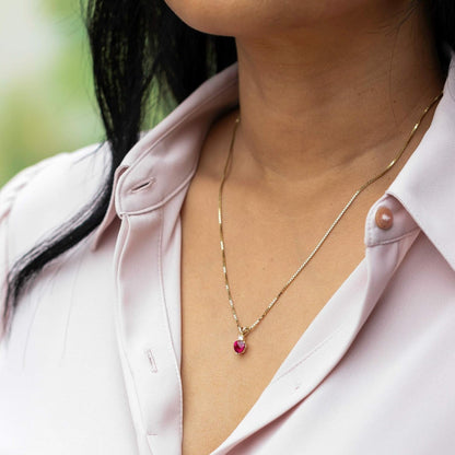 14K Yellow Gold Created Ruby with Genuine Diamond Pendant for Women, Heart Shape Solitaire, 6Mm, 1 Carat Total