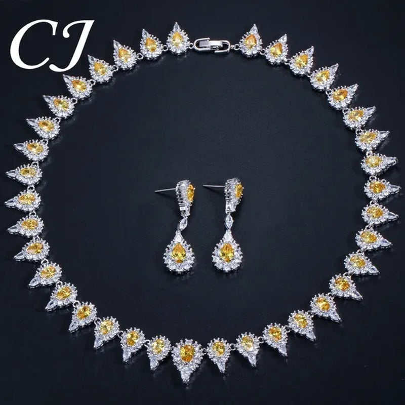 CANDICE White Gold Plating Sparkling Cubic Zirconia Choker Necklace Sets With Dangle Earrings Inlay Crystal Citrine Yellow Stone Evening Party Jewelry Set for Women - WORLD TIME VISITS