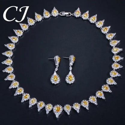 CANDICE White Gold Plating Sparkling Cubic Zirconia Choker Necklace Sets With Dangle Earrings Inlay Crystal Citrine Yellow Stone Evening Party Jewelry Set for Women - WORLD TIME VISITS