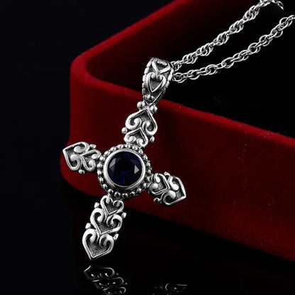 Cross Blue Sapphire Vintage Pendant for Women and Men Antique 925 Sterling Silver Dangle Pendant