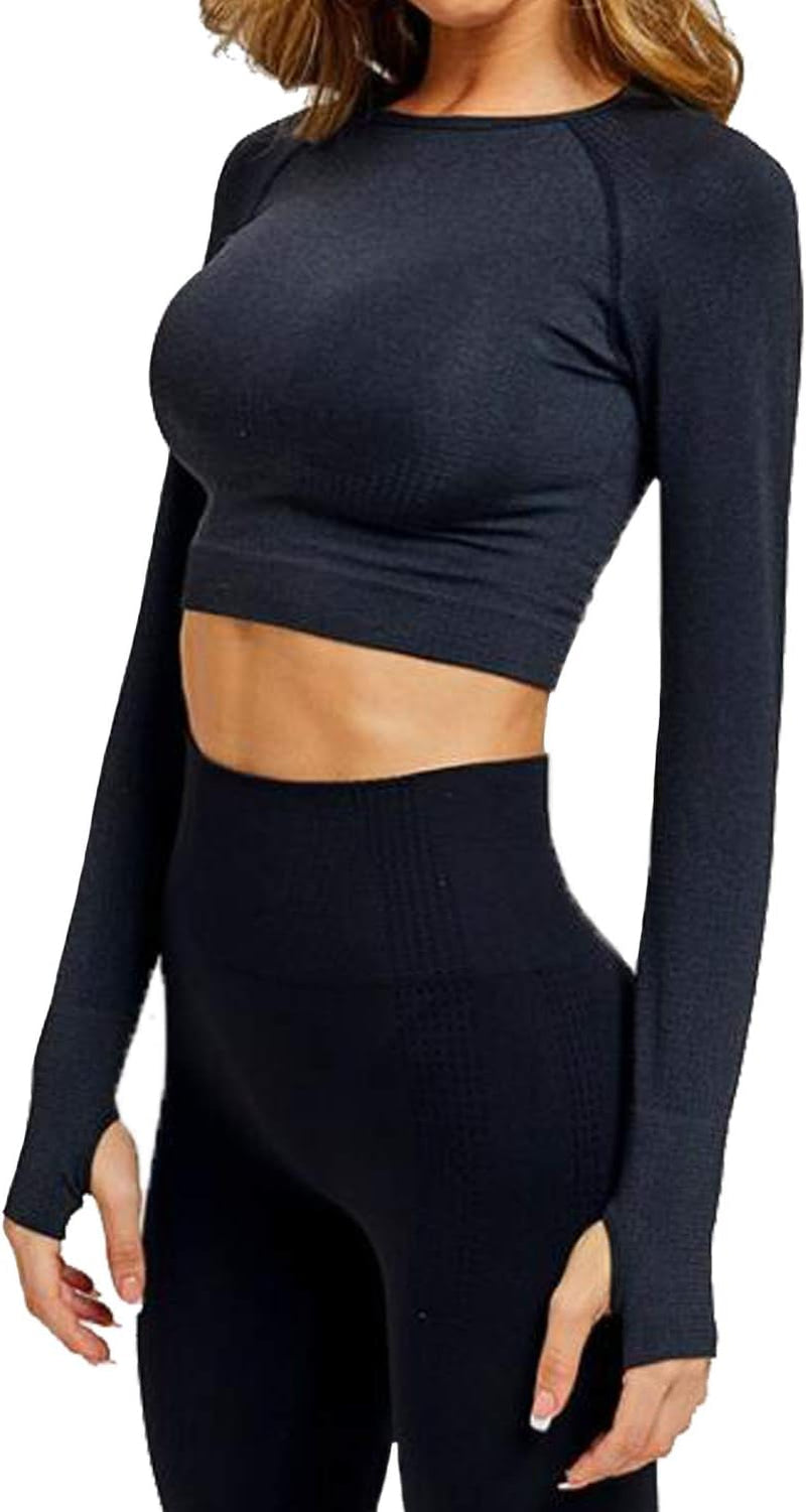 Women'S Long Sleeves Workout Crop Tops Seamless Sports Shirts Fitness Activewear