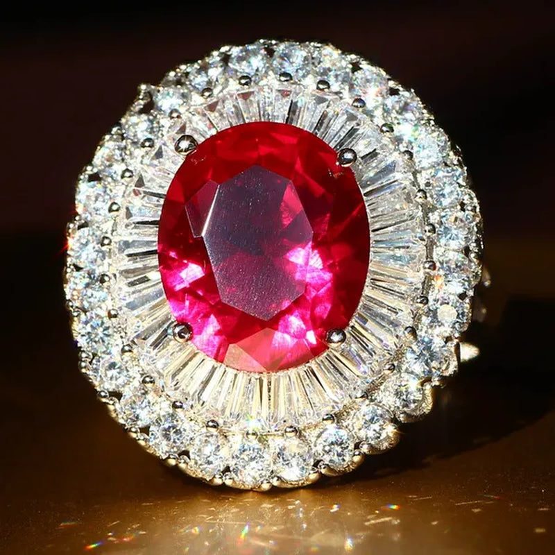 Luxurious Silver Natural Gemstones Ruby and White Sapphire Wedding Birthstone Bride Engagement Multilevel Square Ring Jewelry Size 6 7 8 9 10