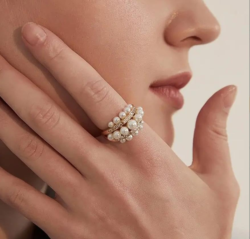 Pearl Rings for Women - Freshwater Gold Pearl Stackable Beaded Open Adjustable Boho Vintage Thumb Midi Pinky Knuckle Rings - Christmas Jewelry Gifts