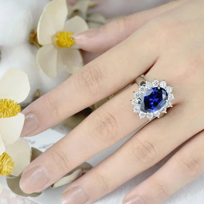 Newshe 6 Carats Oval Created Blue Tanzanite Gemstone Statement Ring for Women AAA CZ Cocktail Party Ring 925 Sterling Silver Sz 5-12