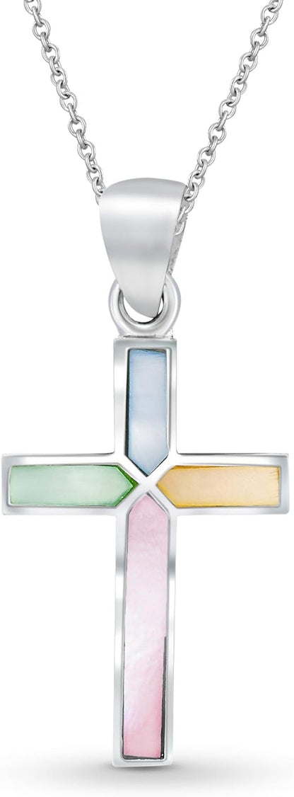 Iridescent Cross of Faith Stone and Shell .925 Sterling Silver Necklace, 18 Inch