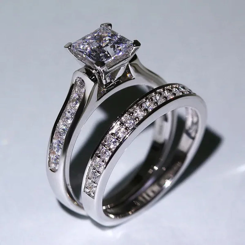 2Pcs / Set Classic Womens Fashion Gold / Silver / Black Diamond Ring Jewelry Exquisite Gold Ring Sets for Women Natural White Sapphire Rings Set Birthstone Princess Proposal Engagement Gold Ring Set Anniversary Party Romantic Bride Wedding Rings for Women