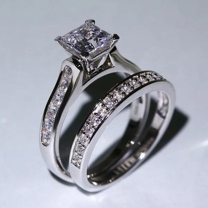 2Pcs / Set Classic Womens Fashion Gold / Silver / Black Diamond Ring Jewelry Exquisite Gold Ring Sets for Women Natural White Sapphire Rings Set Birthstone Princess Proposal Engagement Gold Ring Set Anniversary Party Romantic Bride Wedding Rings for Women
