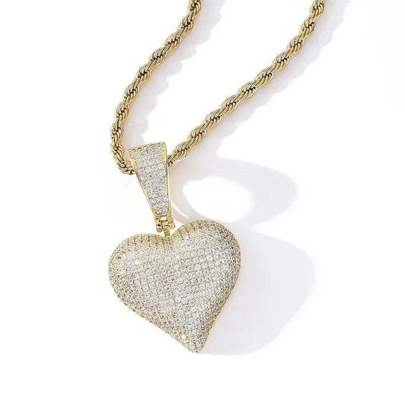 Full Diamonds Heart Shape / US Dollar Symbol Pendant with 24" Rope Chain Necklace Iced Out Brass Jewelry for Man Woman