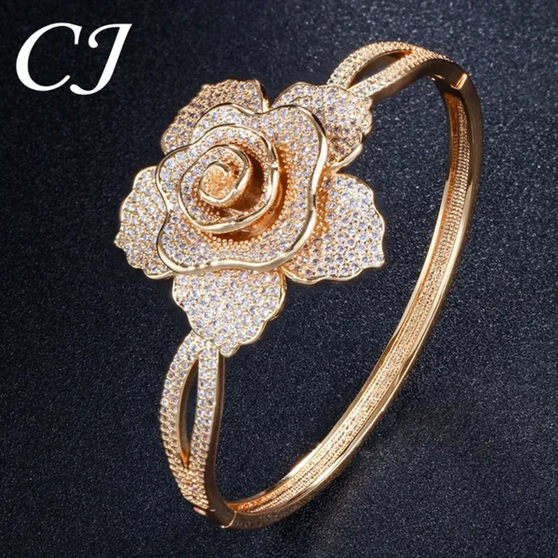 CANDICE Exquisite Open Cuff Style Paving Cubic Zirconia White Gold Plating Women Large Flower Bangle Bracelets Jewelry for Evening Party Wedding