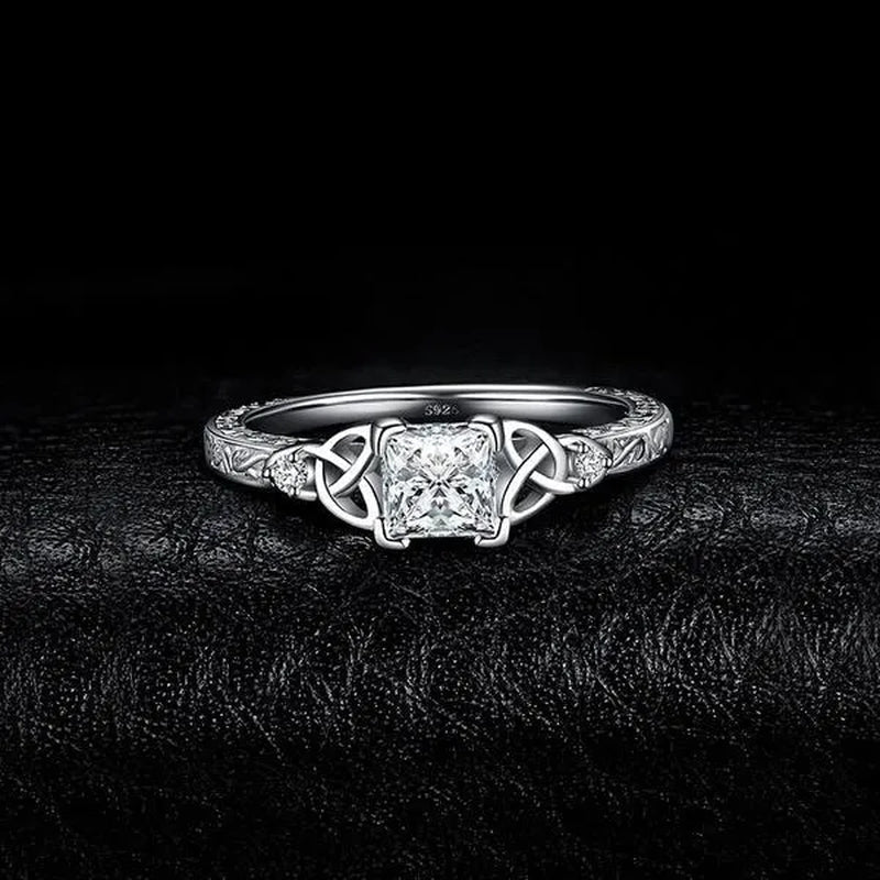 Classic and Fashionable Silver-Plated Celtic Knot Princess Geometric Cubic Diamond Ring Bridal Engagement Wedding Ring Size 5-11