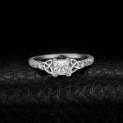 Classic and Fashionable Silver-Plated Celtic Knot Princess Geometric Cubic Diamond Ring Bridal Engagement Wedding Ring Size 5-11