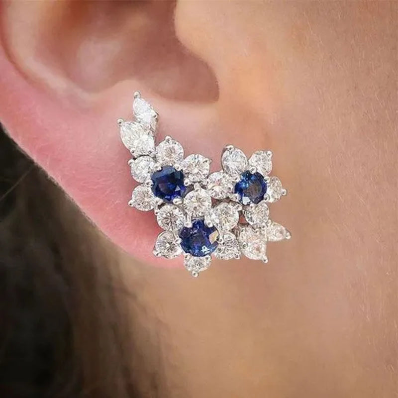 Trendy Flower Shape Blue Sapphire and Diamond Ear Climber Earring for Women Daily Casual Accessories Engagement Party Jewelry