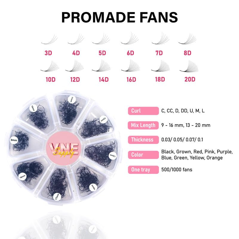 VNE Eyelashes 1000 Fans Tray Volume Lash Extensions Mixed Length | Premade Fans Eyelash Extensions | Mega Lash Extension | Promades Eyelash Fans | 10D, D Curl, 9-16Mm