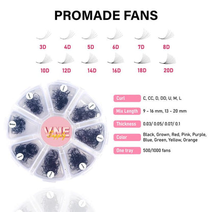 VNE Eyelashes 1000 Fans Tray Volume Lash Extensions Mixed Length | Premade Fans Eyelash Extensions | Mega Lash Extension | Promades Eyelash Fans | 10D, D Curl, 9-16Mm