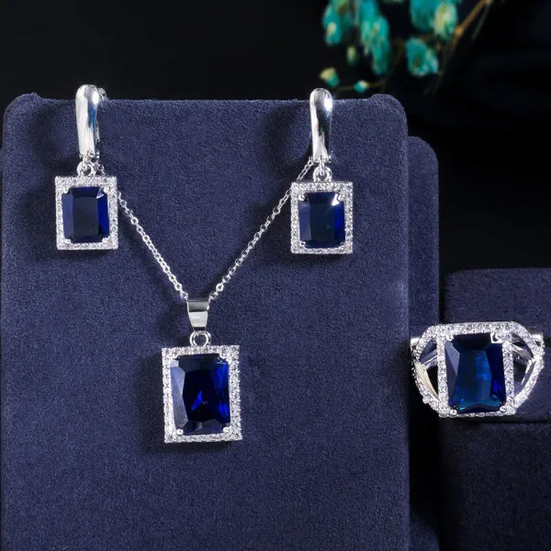 Gloriya Elegant Purple CZ Square Pendant Chain Necklace Earrings and Ring Set Women Fashion Silver Plated Jewellery Sets for Best Gifts