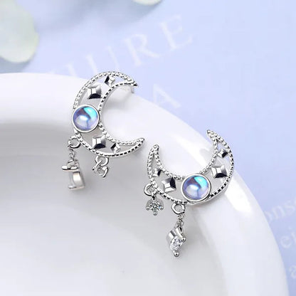 925 Sterling Silver Hollow Moon Zircon Tassel Dangle Earring Elegant Colorful Moonstone Earring for Women Jewelry
