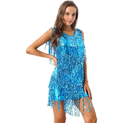 Womens V Neck Sleeveless Sparkling Sequin Tassels Ballroom Samba Tango Latin Dance Dress Stage Performance Costumes