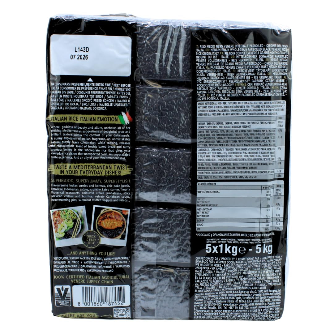 Black Grain Rice, Bulk 11 Lbs (5 X 1 Kg), Product of Italy, Venere, Premium Quality, Wild Ancient Whole Grain Rice, Product of Italy