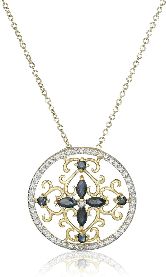 18K Yellow Gold-Plated .925 Sterling Silver Diamond-Accented Gemstone Floral Filigree Cross round 1" Pendant Necklace on 18" Chain - Choice of Birthstones